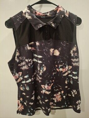 Fila Black Floral Mesh Polo Tank with Peach & Teal Accents